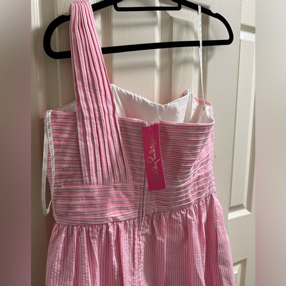 NWT LILLY PULITZER ADDISON ONE SHOULDER SEERSUCKER DRESS PINK TROPICS size 12 - Picture 8 of 12